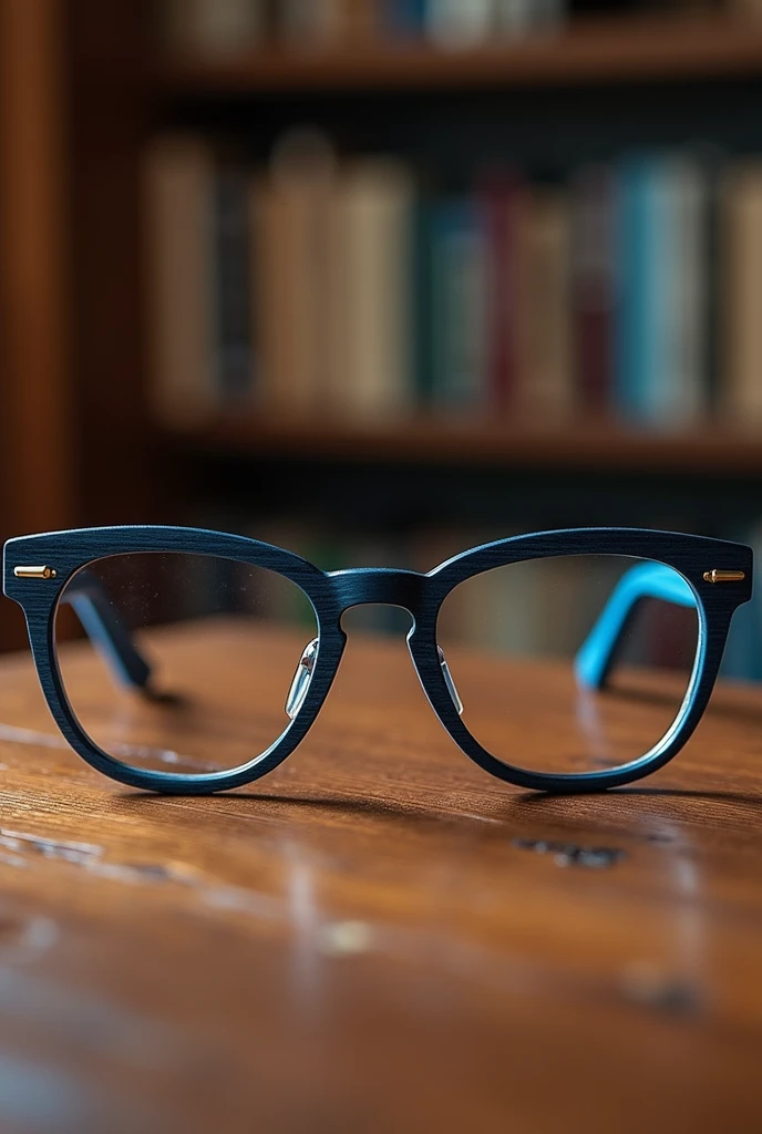 Black lens glasses with blue temples and retro wood