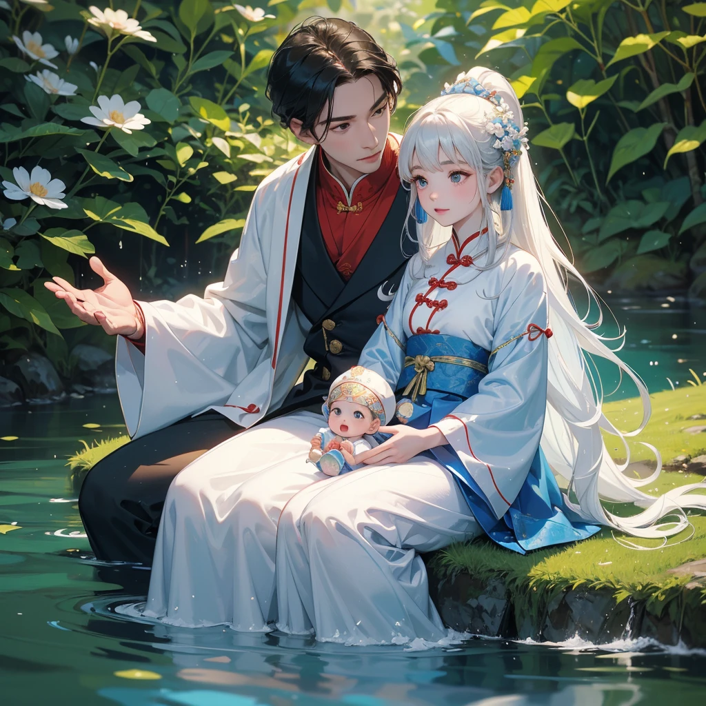 A one-year-old baby boy in an white ancient Chinese baby costume with his beautiful mother, dressed in an ancient Chinese costume, playing with each other, with his handsome father standing next to his mother, close up.
Sitting fishing next to a green stream, a blue river full of fish. flowing slowly