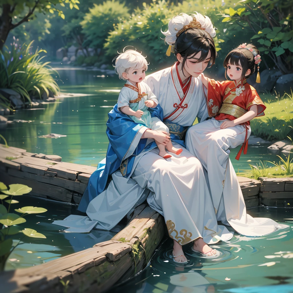 A one-year-old baby boy in an white ancient Chinese baby costume with his beautiful mother, dressed in an ancient Chinese costume, playing with each other, with his handsome father standing next to his mother, close up.

Sitting fishing next to a green stream, a blue river full of fish. flowing slowly