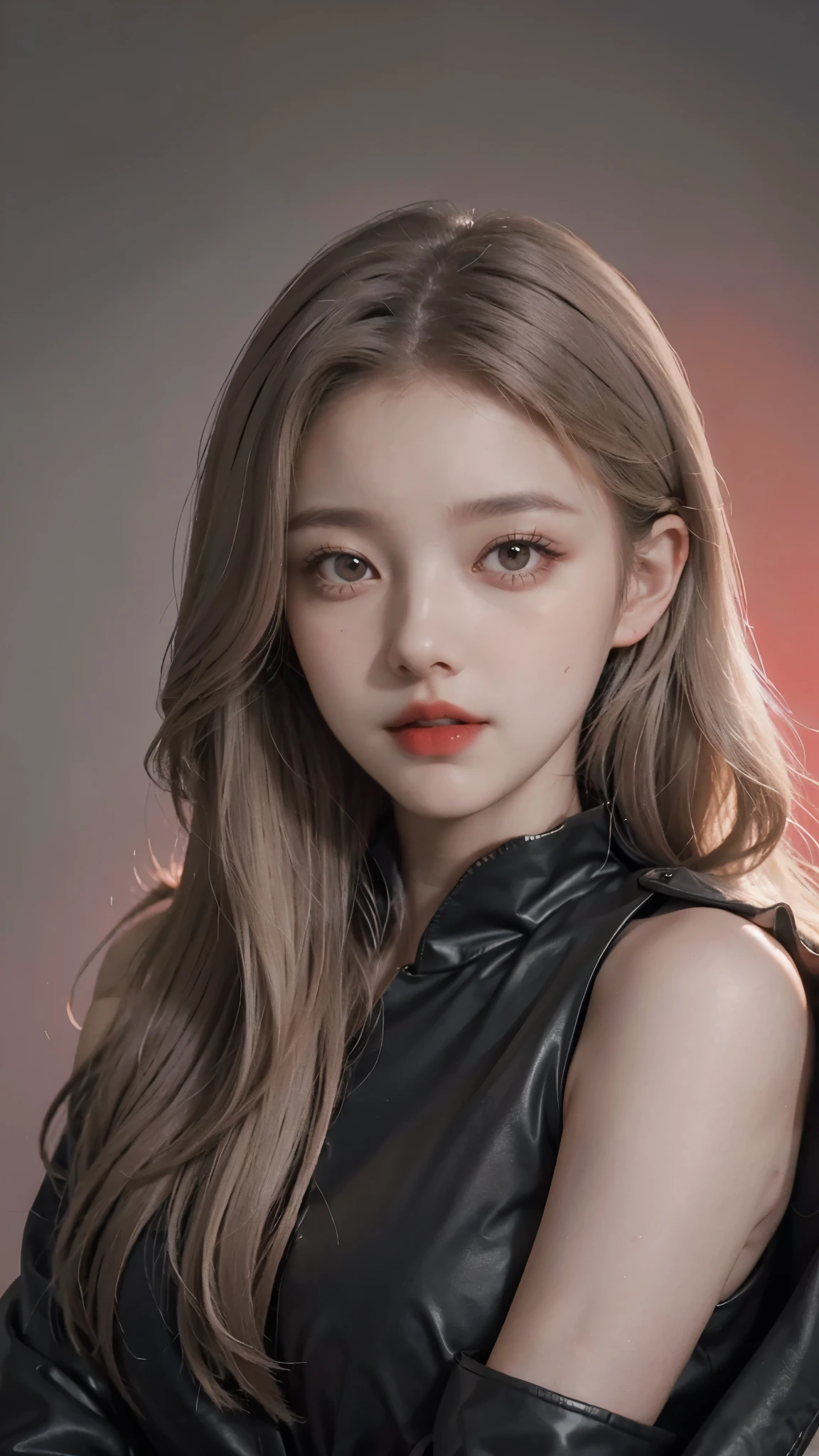 Girl wearing, luxury black coat, shoulder length hair, wavy hair, glowing skin, star in eye, red lips, grey background, cute poses , upper body, light blonde hair.