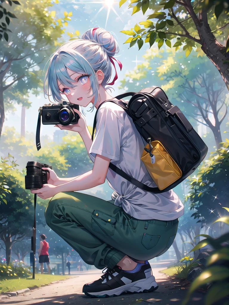 ((8k, Highest quality, masterpiece: 1.3)),Ultra-high resolution,(1 girl, alone), (Color changing eyes, Ultra-detailed, Expressive brilliance, Glitter, Glowing Eyes), Highly detailed eyes, Highly detailed face, Random Hair, ((pastel colour))On a sunny outdoor location, the woman is a photographer capturing candid moments of people in a park. She’s holding a camera with a large lens, crouching slightly to get the perfect angle. The park is filled with lush greenery, and the sun is filtering through the trees. She’s dressed casually in a comfortable t-shirt, cargo pants, and sneakers, with a camera bag slung over her shoulder. Her hair is tied in a messy bun, and she looks at the camera with a focused, enthusiastic expression, ready to capture the next shot.