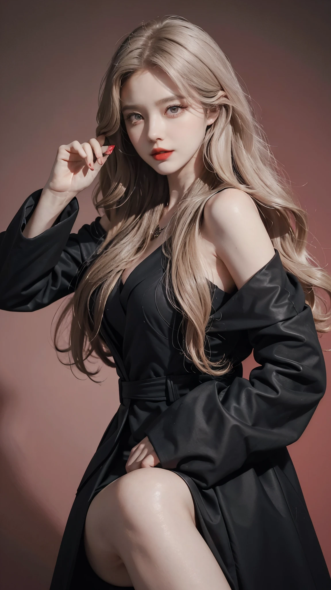 Girl wearing, luxury black coat, shoulder length hair, wavy hair, glowing skin, star in eye, red lips, grey background, cute poses , upper body, light blonde hair.
