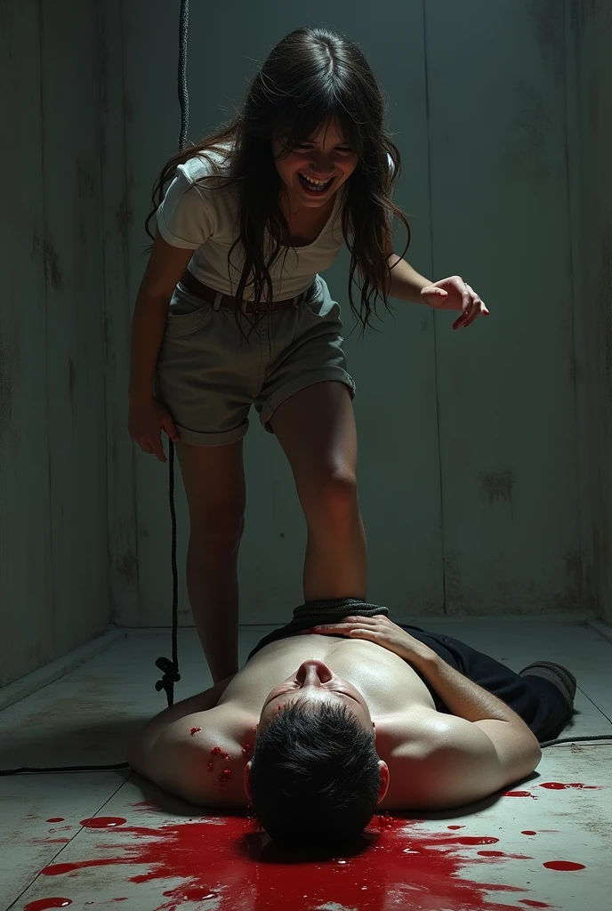 A man laying on his back, arms tied above his head, ankles and knees tied with ropes pulling his legs wide a part. A  girl stands over his with her barefoot planted firmly on his face. The girls barefoot envelopes the mans entire face, only the outline of the mans Head can be seen. The girl is laughing and pointing at the tied up man as she stands on his face.