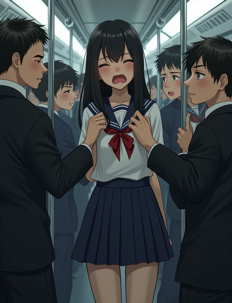 grasp, , 
High school girl grabbed by the buttocks on the train, 
School uniform, Pleated skirt, 
Beautiful One Girl, 
3 Male, 
(Butt grabber on train,
Man grabbing girl's chest on train,