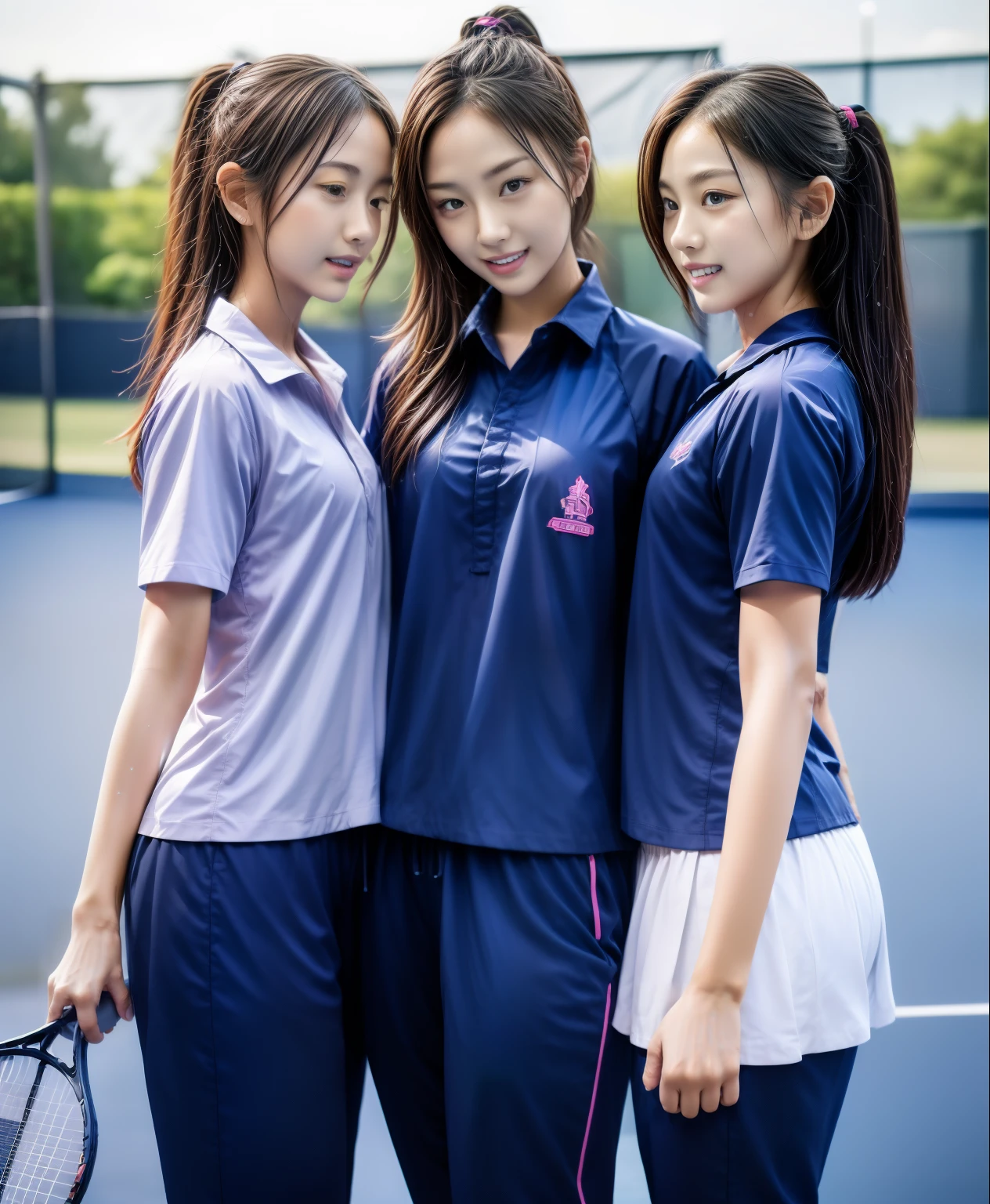 3 girls play tennis at tennis courts, Navy blue short-sleeved shirt,Navy Long Trackpant,Sweatpants, Sweatpantsขายาว,2 girl, lesbian, sexy, exercise clothes, wet body, exercise clothes