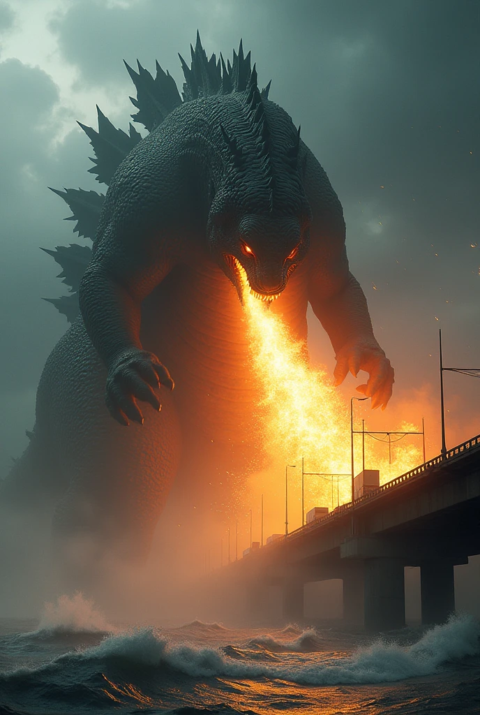 Godzilla attack the fire ball from mouth oresund bridge. Storm. Tornado