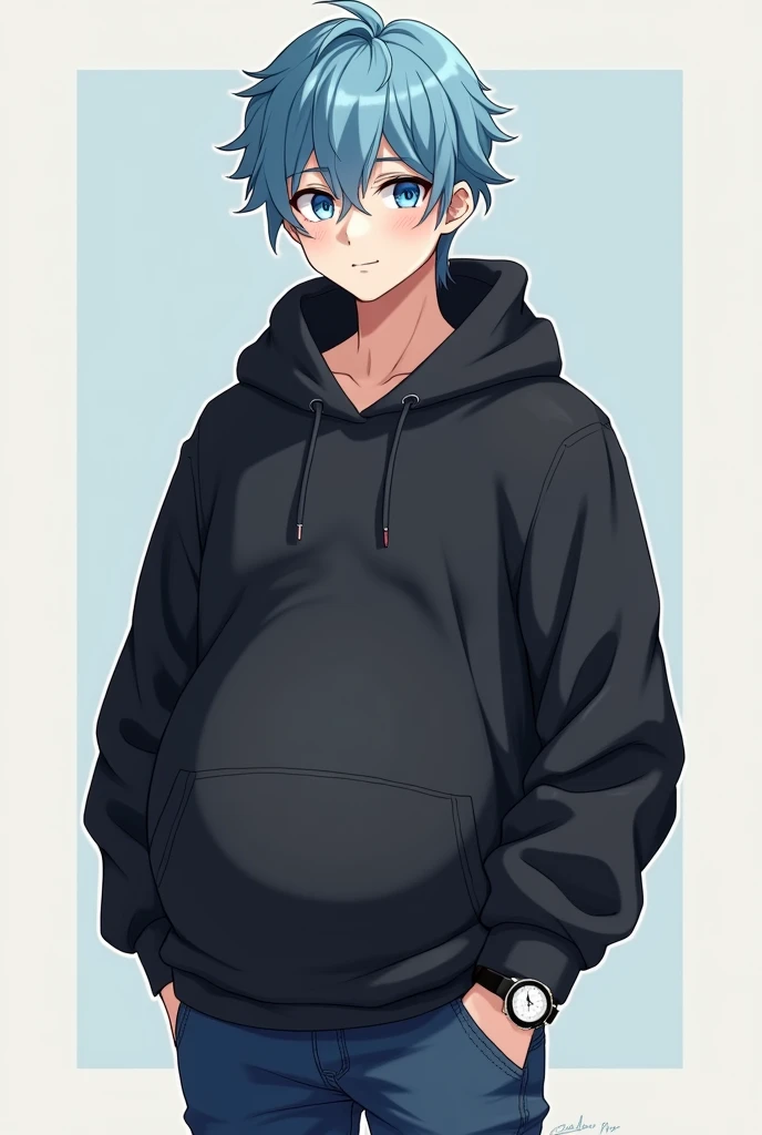 cute handsome boy bump in stomach, wearing black hoodie jeans watch on hand, anime .. with blue eyes and fluffy hair and baby bump tomach