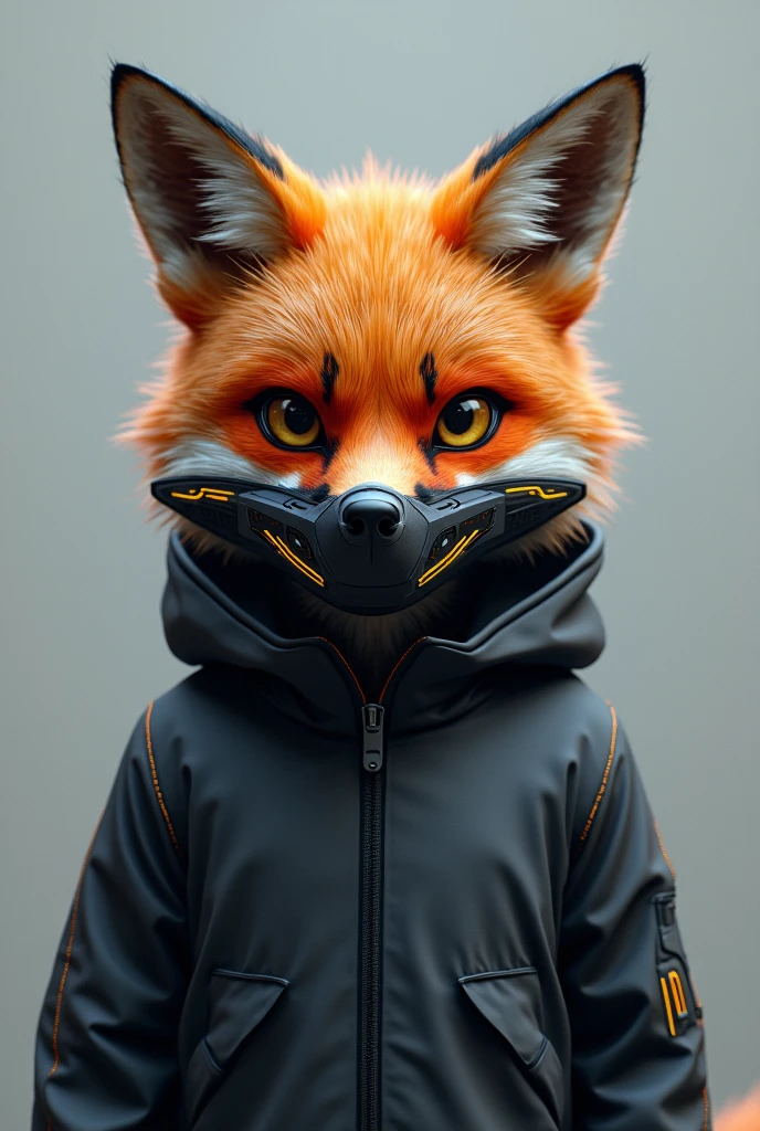 Fox with a hacker-style face-covering jacket, head on