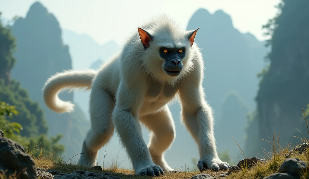 Front view,There is a wild beast in the mountains of Guilin,Looks like a monkey but has white ears,Walk upright like a human(best quality,4K,8k,High level,masterpiece:1.2),Ultra Detailed,(lifelike,Photo real,Photo real:1.37)