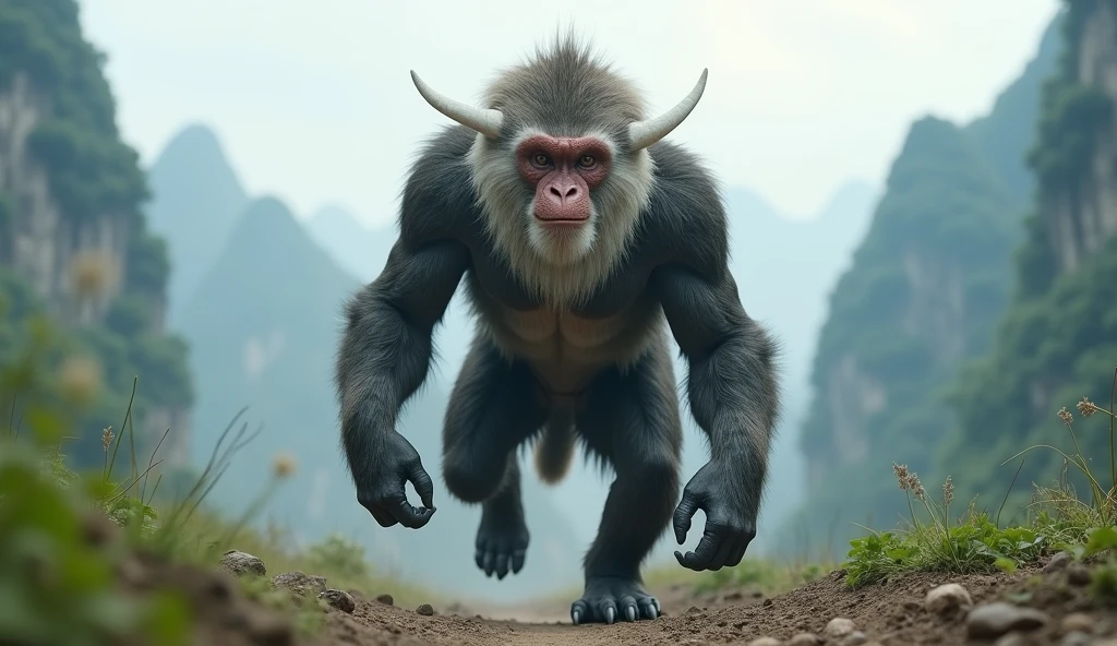 Front view，There is a wild beast in the mountains of Guilin，Looks like a monkey but has white ears，Walk upright like a human（best quality，4K，8k，High level，masterpiece：1.2），Ultra Detailed，（lifelike，Photo real，Photo real：1.37）