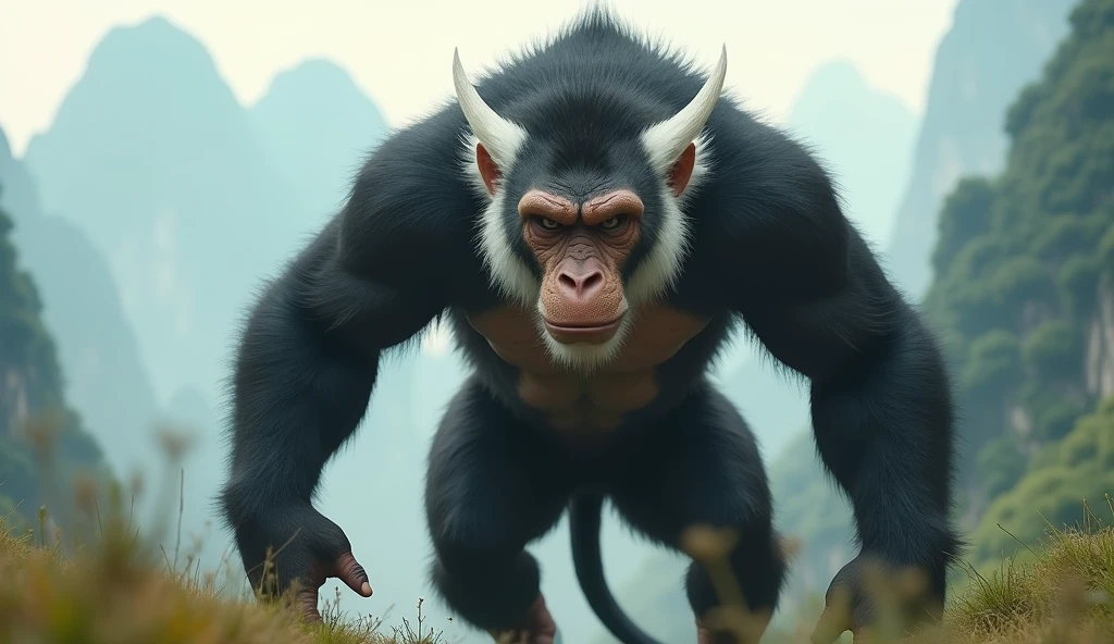 Front view,There is a wild beast in the mountains of Guilin,Looks like a monkey but has white ears,Walk upright like a human(best quality,4K,8k,High level,masterpiece:1.2),Ultra Detailed,(lifelike,Photo real,Photo real:1.37)