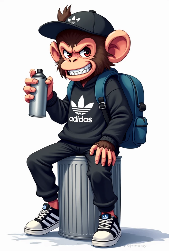 Anime style illustration of a monkey wearing a graffiti outfit and a black sweatshirt, black cap and backpack navy blue jeans rapper, In his right hand he is using a spray can and Adidas shell tennis shoes, with angry face, White background, sitting on a metal-colored trash can with one foot bent 