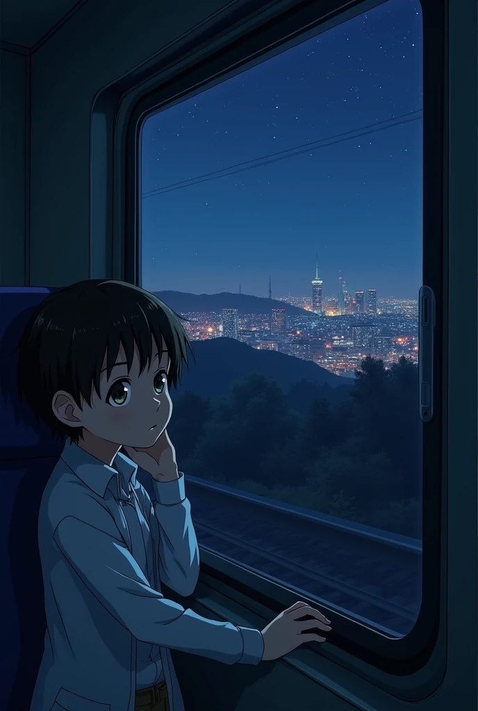 A girl and a boy are on a train after escaping a terrifying reality. It's midnight. The girl is half asleep while the boy looks out the window as they arrive at a new city, happy because they can finally live happily. Anime