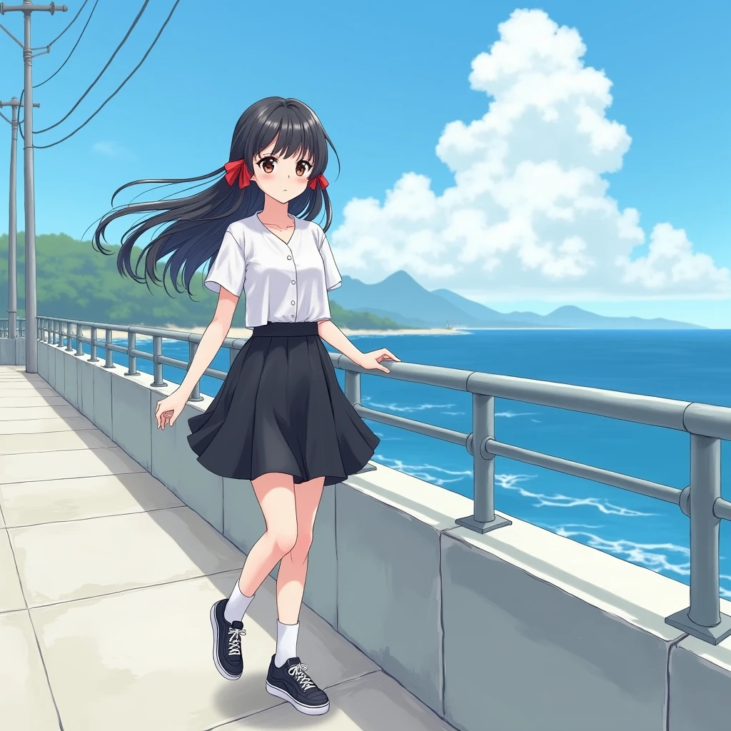 Anime Style,
Ocean沿いを歩く一人の少女.
She is wearing a cute white blouse with short sleeves and no buttons., mid-length black flare skirt, Not a school uniform,
Wearing white knee-high socks, Wearing sneakers.
Her hair is red ribbons low twintails, very long and black,
not high twintails, Not half-up.
Late s, Small breasts, Has dark brown eyes.
Concrete revetment, Ocean, Ocean岸線, Mountain, Streetscape,
Daytime, from front.