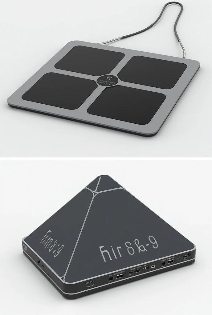 Draw a triangular smart device called the Tri-Pad Smart Organizer. The device is shaped like an equilateral triangle with each side measuring about 12 inches. Each side of the triangle has a touch-sensitive display screen. Include three sections within the triangle, each representing a different screen area.

Add a slim, curved profile to the device, about 0.5 inches thick. Show a modular docking base that the device attaches to, with symbols for connectivity options like USB-C. Label each display section and include annotations for features such as 'Display 1,' 'Display 2,' 'Display 3,' and 'Modular Docking System.' Ensure the design looks modern and sleek