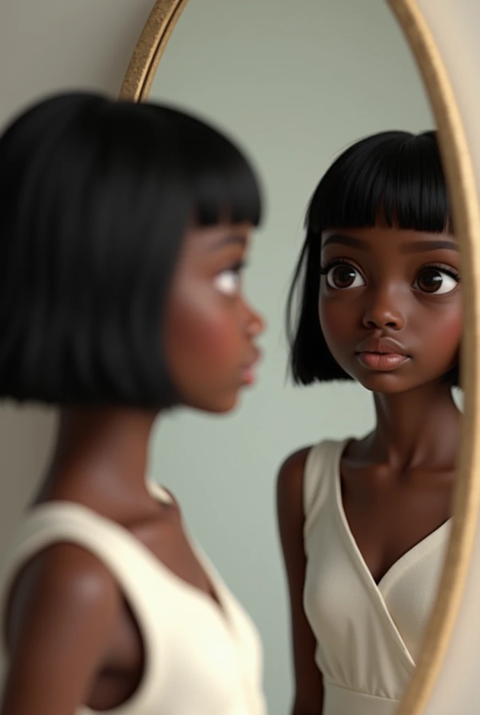 Black girl with straight hair,blackw,short hair and bangs,looking in the mirror wearing a white dress,realisitic