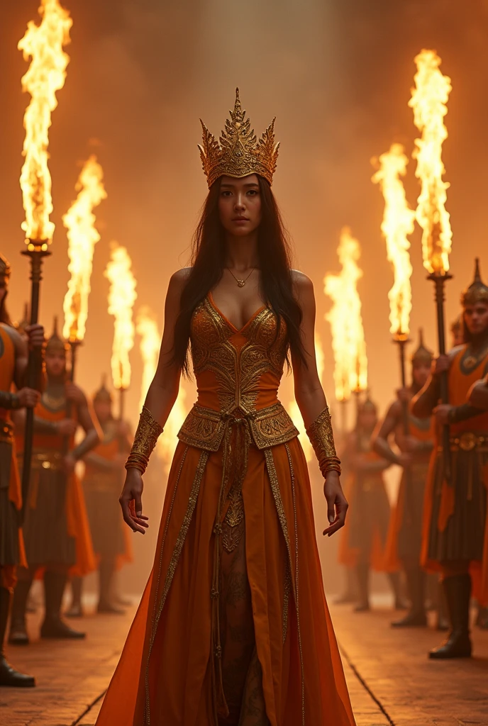 Music video style scene of a Young korean woman, O-yoon wearing golden crown. O-yoon is performing in a music video in front of a row warriors with flaming swords