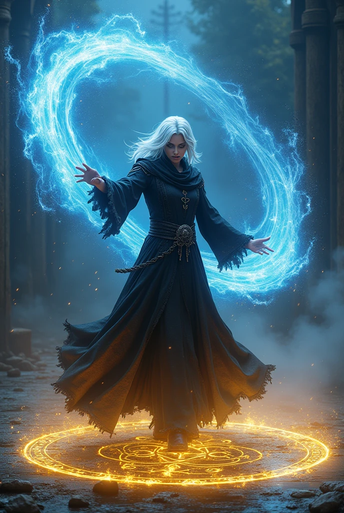 A dark mage surrounded in the magic symbols casting powerful spells in an action pose, white hair with dark grey highlights, full body shot, epic battle scene, surrounded by magical blue energy, sparks flying everywhere, surrounded by yellow glowing runes circle on the ground, full frame background, light gray eyes, ultra realistic 64k HDR RAW photo