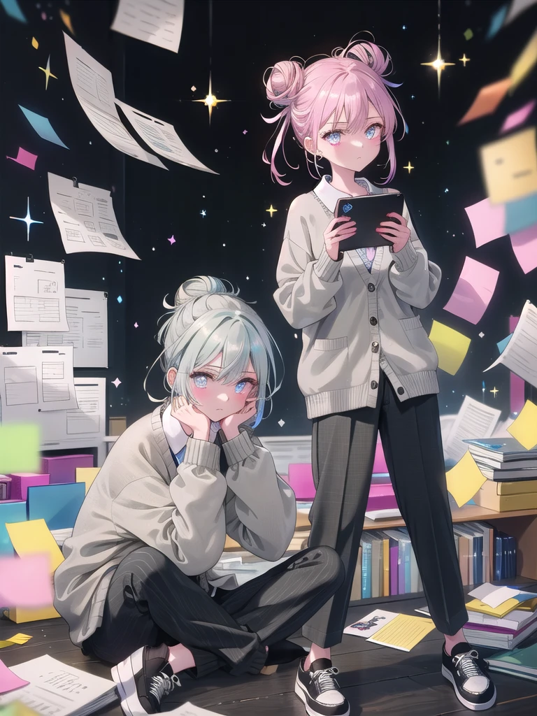 ((8k, Highest quality, masterpiece: 1.3)),Ultra-high resolution,(1 girl, alone), (Color changing eyes, Ultra-detailed, Expressive brilliance, Glitter, Glowing Eyes), Highly detailed eyes, Highly detailed face, Random Hair, ((pastel colour))The woman is at her desk, organizing files into folders while referencing her laptop screen. The desk is cluttered with files, sticky notes, and a calculator, reflecting a busy day. She’s dressed in a light grey cardigan over a striped blouse, paired with black trousers and comfortable slip-on shoes. Her hair is in a loose, casual bun. She looks at the camera with a slightly exasperated but determined expression, as if trying to catch up on an overwhelming amount of work.