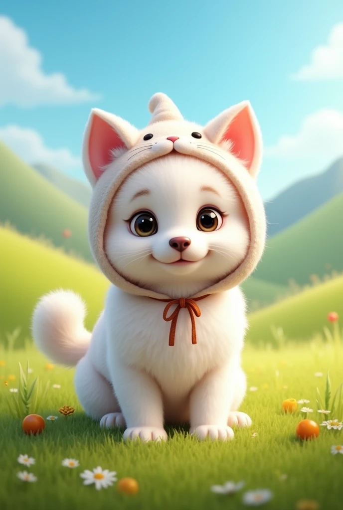 puppy　white　cute　Cat costume　Field background　Real