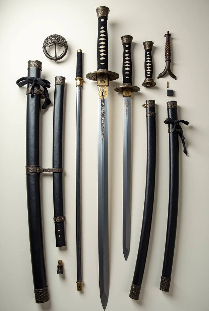 Katana completely disassembled into pieces, each one disassembled one next to the other muramasa shinken iaido iaito tsuba sageho
