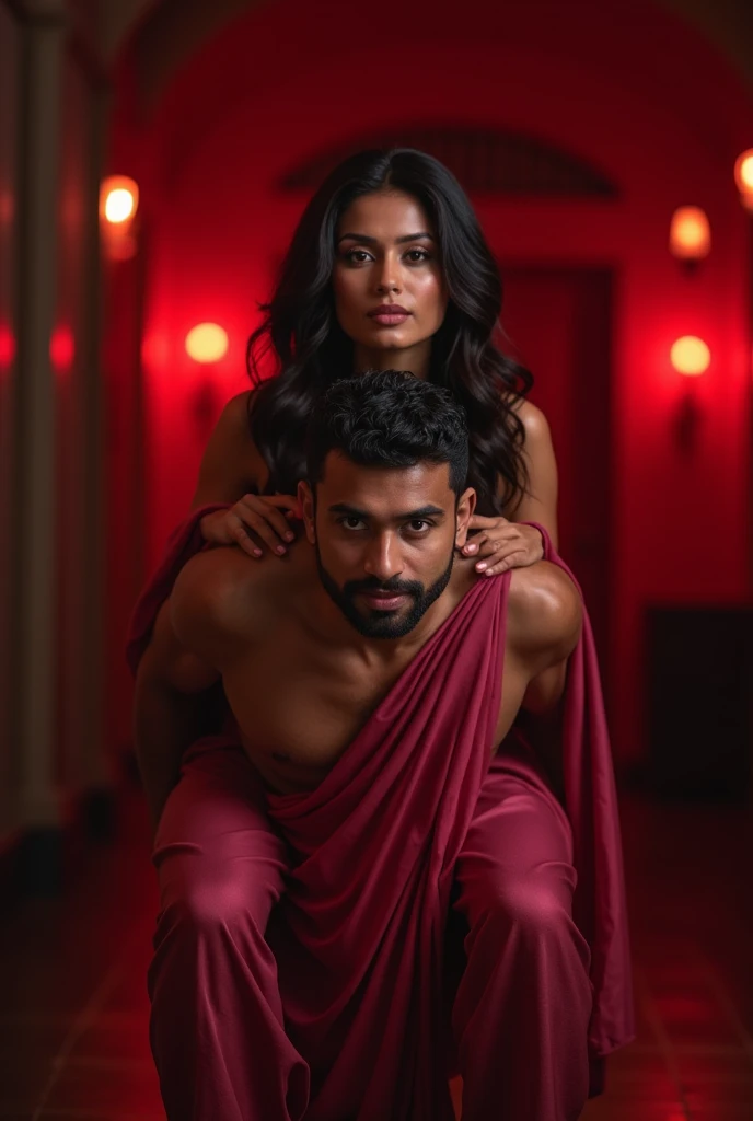 Beautiful and Slim sensual Indian woman in a dark pink silk saree lifting piggyback a large chubby man above her shoulders, man is sitting on woman's shoulders, in a red light room with high ceiling, natural smile, woman is looking into the camera , she is holding his hands, full body image