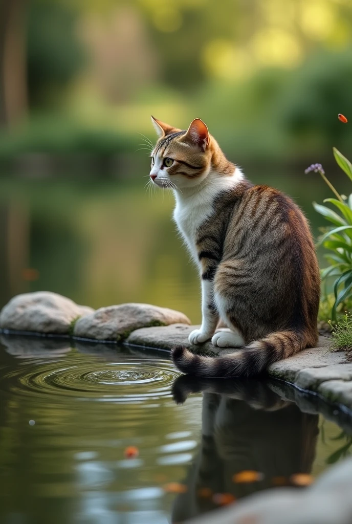Super realistic, A cat's tail is in the water. The cat is sitting on the bank of a pond in the garden with own tail putting in the pond. The cat is staring at the own tail, You can see fish shadows in the pond. Is the cat trying to fish with its tail? (lol) bokeh effect, depth of field, hyper Realistic, Professional photography, Cinema Lighting