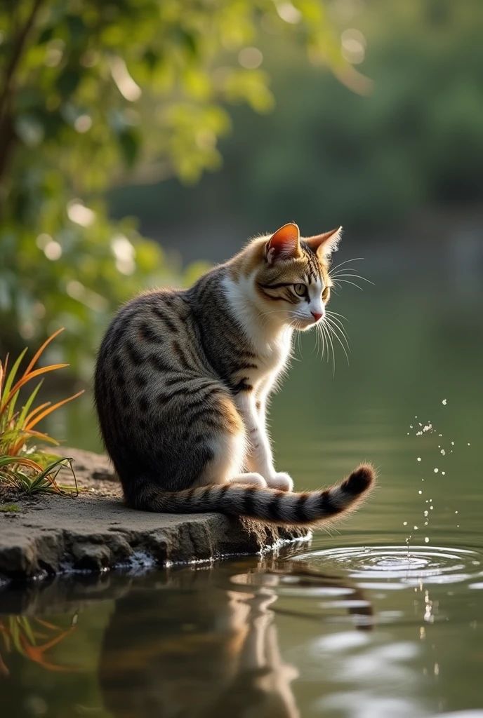 Super realistic, A cat's tail is in the water. The cat is sitting on the bank of a pond in the garden with own tail putting in the pond. The cat is staring at the own tail, You can see fish shadows in the pond. Is the cat trying to fish with its tail? (lol) bokeh effect, depth of field, hyper Realistic, Professional photography, Cinema Lighting