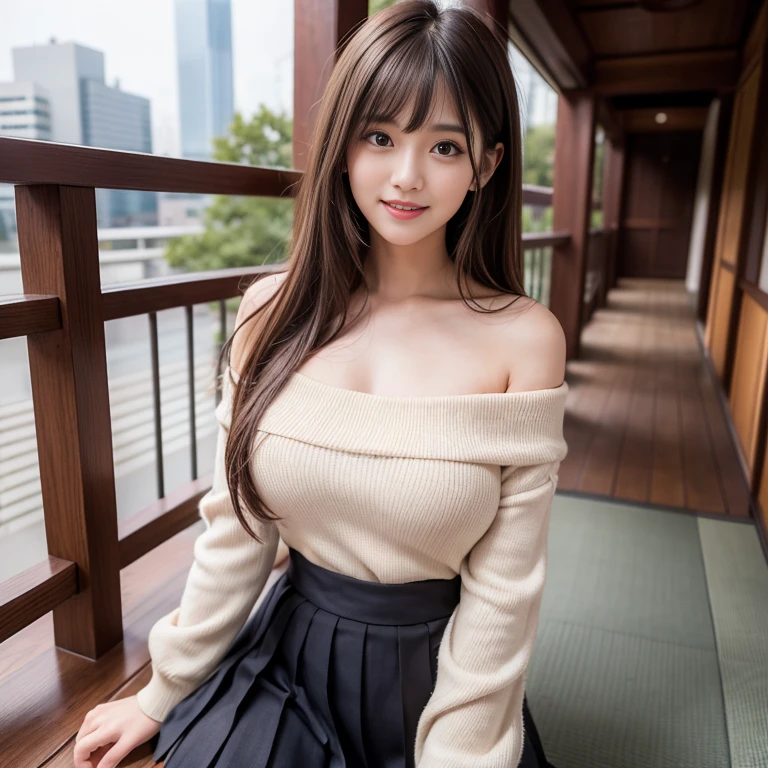 laughing out loud,2,Skirt length above knee,Wearing a pleated skirt,(knee shot), 1 female, On the face, laughing out loud, light brown hair, blunt bangs, hair behind ears, Shoulder length hair, long hair, Slender body type, 超face slimming型, face slimming, delicate lips, beautiful eyes, Thin blush, Eyes are light brown,Check it out here, (actual:1.3), The background is Japan Skytree, One person's perspective, 8k, Super detailed, high quality, best quality, High resolution,,Large Breasts,The breasts are H-cups, Off-shoulder tops,normal two feet