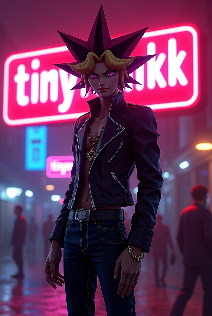 Yami Yugi in the background, which is preceded by a neon sign with "TINYHONKK" written on it