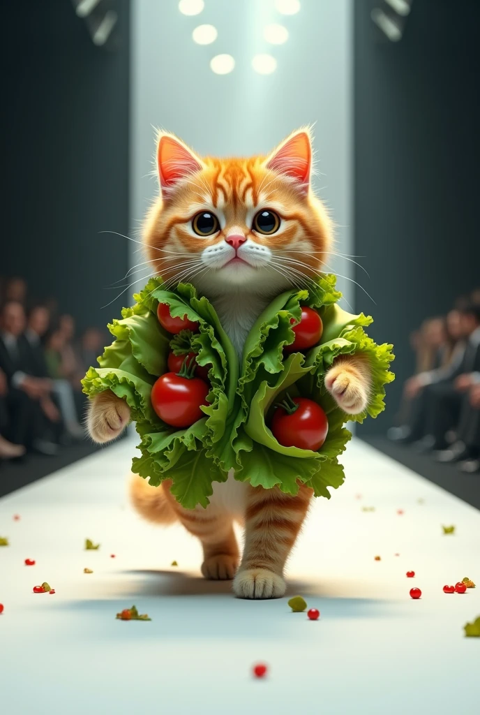 (photorealism:1.2), cute cat wearing salad on the body walking on the runway 