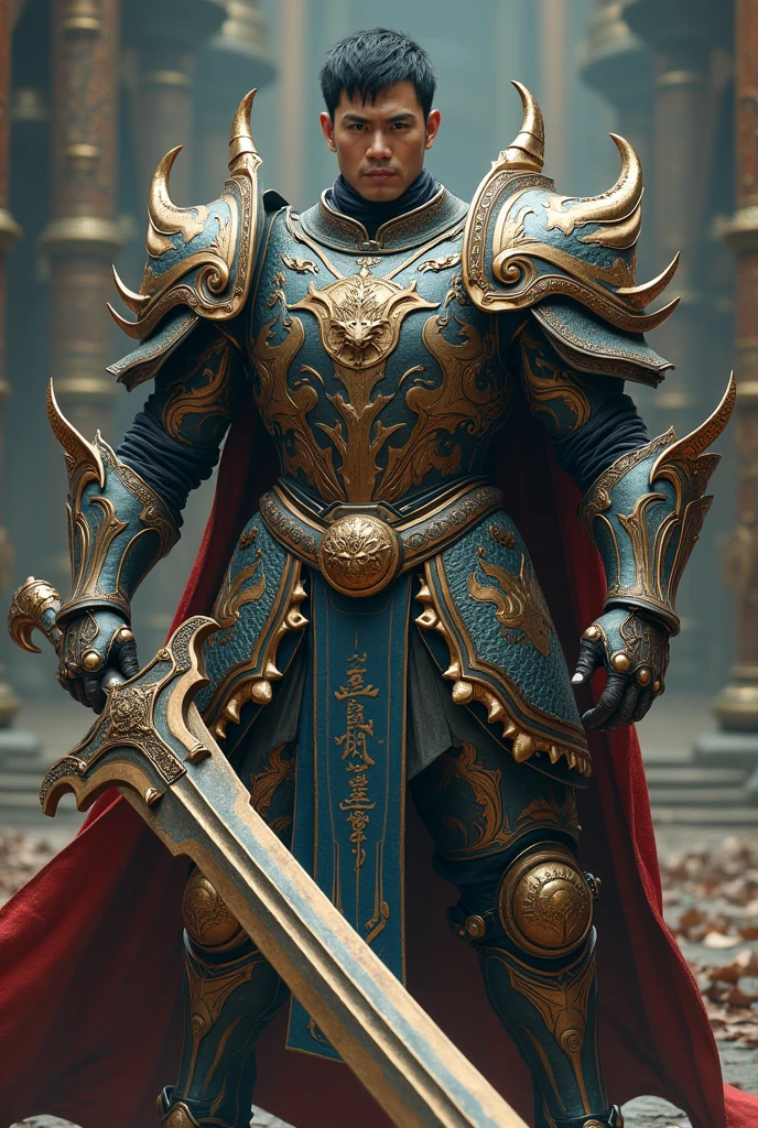 Create an image of a heavy knight with short hair and Asian facial features, wearing futuristic heavy dragon armor and wielding a giant dragon sword. The image should be highly detailed, photorealistic, 8k resolution, with hyper-detailed elements, cinematic and dramatic lighting. The setting is fantasy-medieval, with the knight in an epic, ornate, and intricate armor that gleams majestically. The knight appears powerful, imposing, heroic, and muscular, in a dynamic pose, super-realistic, 32K, UHD