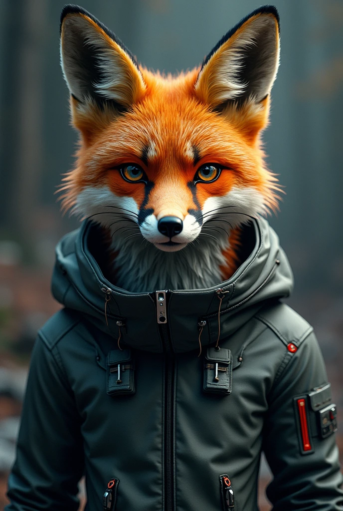 Fox in hacker style jacket, head on