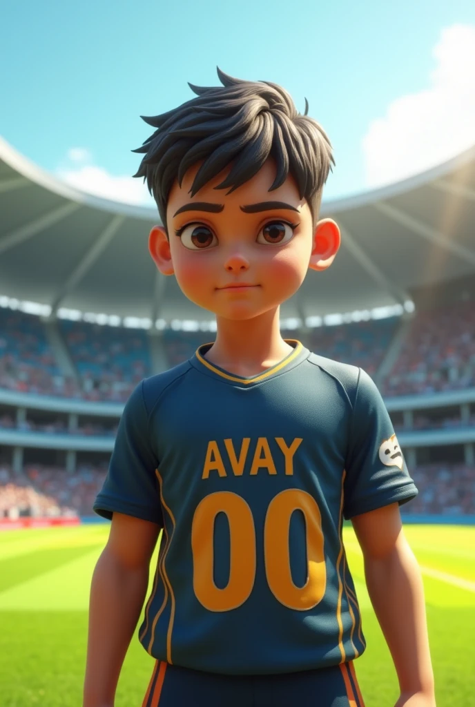 (photorealism:1.2) a boy wearing cricket jersey number 000 and Avay written on it at cricket stadium