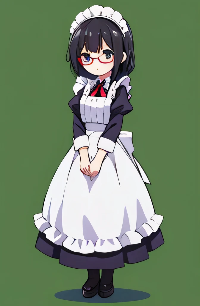 1woman,black hair,standing,put hands on body,full body,green background,Maid clothes，Red Glasses
