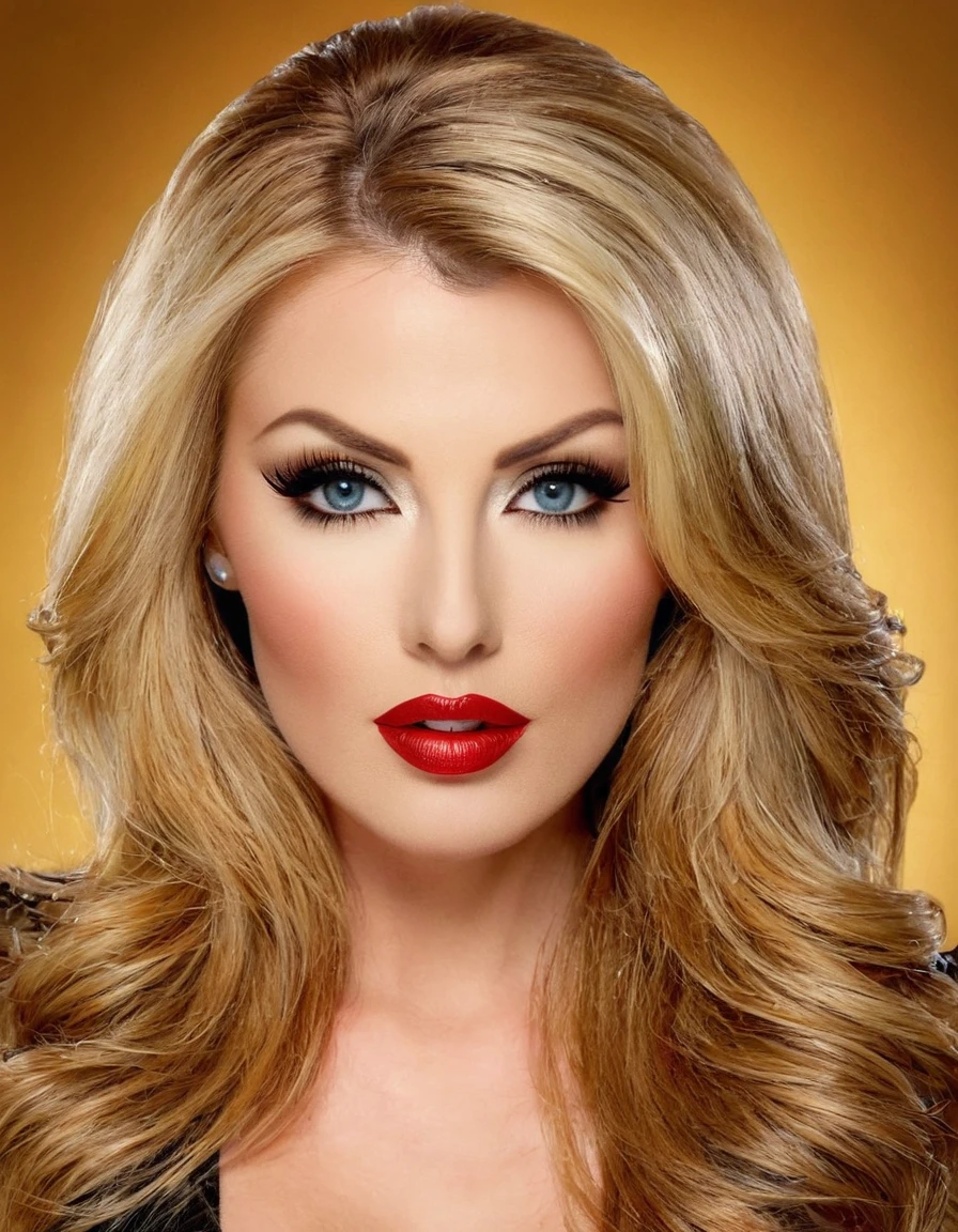 A waist-up portrait of a beautiful female whose facial features are a combination of Taylor Wane + Saxon Sharbino. The female has lovely makeup on her face. The female wears red lipstick. Symmetrical eyes. Symmetrical face. Lovely details. Photorealistic. Full-colored photo. Professional photo. Highly detailed 8K.