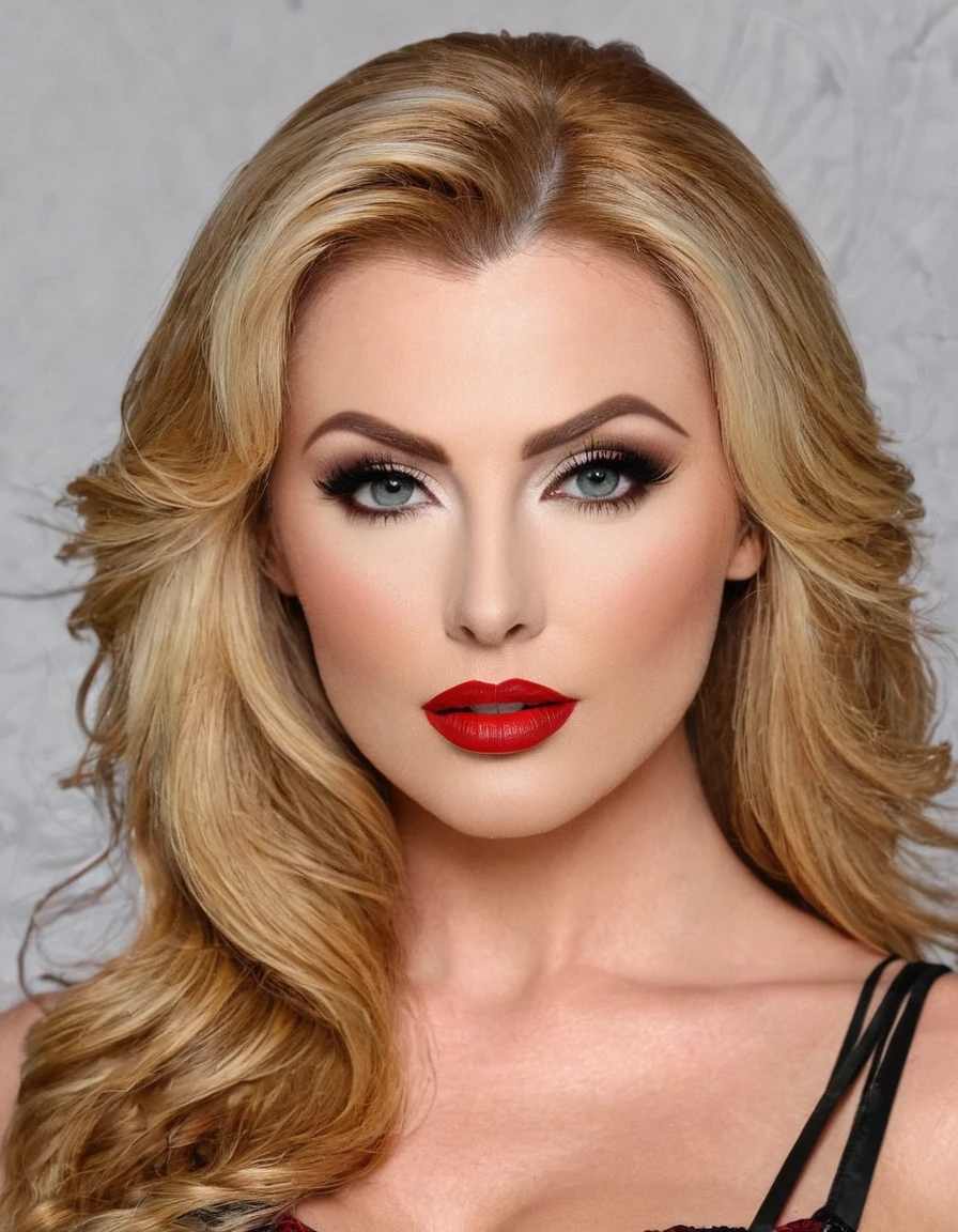 A waist-up portrait of a beautiful female whose facial features are a combination of Taylor Wane + Saxon Sharbino. The female has lovely makeup on her face. The female wears red lipstick. Symmetrical eyes. Symmetrical face. Lovely details. Photorealistic. Full-colored photo. Professional photo. Highly detailed 8K.