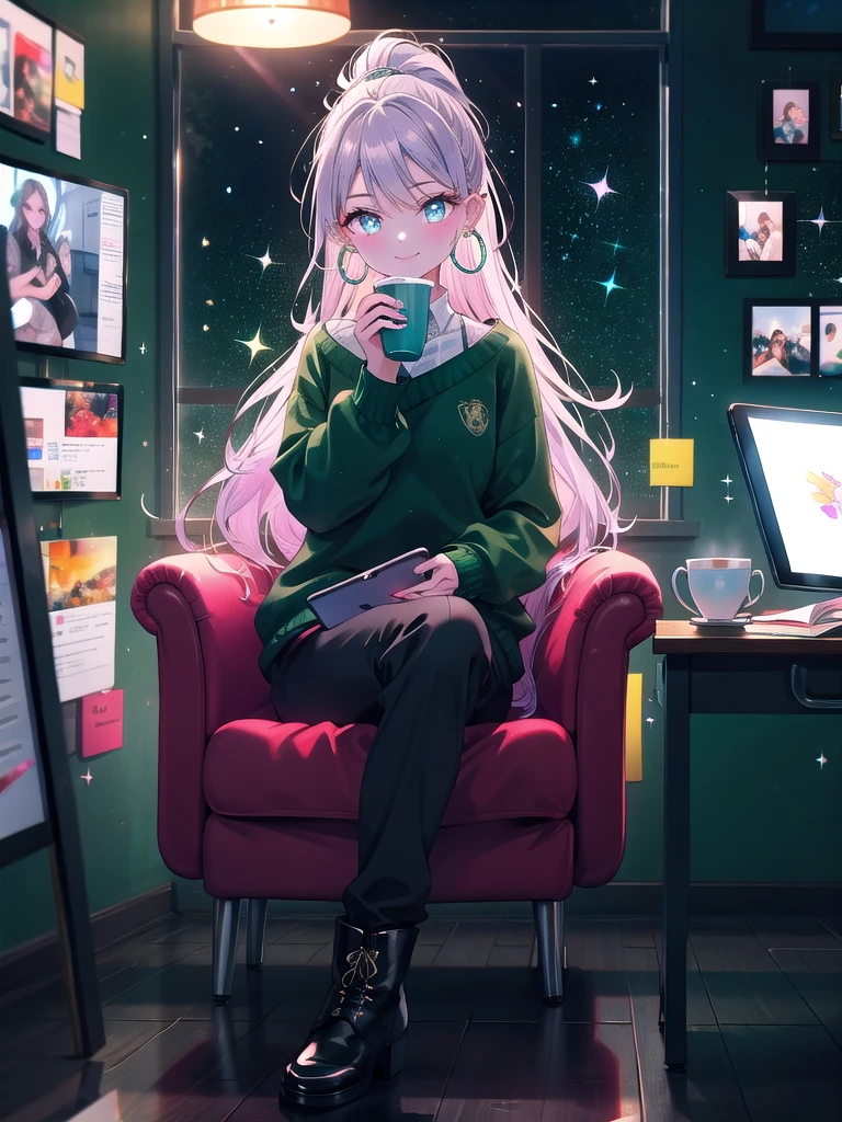 ((8k, Highest quality, masterpiece: 1.3)),Ultra-high resolution,(1 girl, alone), (Color changing eyes, Ultra-detailed, Expressive brilliance, Glitter, Glowing Eyes), Highly detailed eyes, Highly detailed face, Random Hair, ((pastel colour))The woman is sitting in a meeting room, reviewing slides on a tablet while sipping on a cup of tea. The meeting room has a round table, a projector screen, and minimalistic decor. She’s dressed in a dark green sweater, slim black slacks, and low-heeled ankle boots. Her hair is tied back into a simple ponytail, and she’s wearing small hoop earrings. She glances at the camera with a calm and composed smile, reflecting a moment of quiet focus before a presentation.