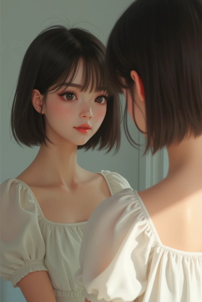 Brown girl with straight hair,blackw,short hair and bangs,looking in the mirror wearing a white dress,realisitic