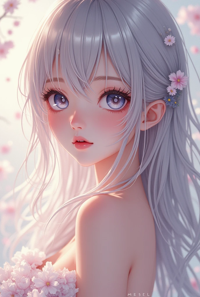 girl in anime style, topless, beautiful detailed eyes, beautiful detailed lips, extremely detailed face, long eyelashes, delicate facial features, pale skin, flowing hair, (best quality,4k,8k,highres,masterpiece:1.2),ultra-detailed,(realistic,photorealistic,photo-realistic:1.37),digital painting, intricate details, soft lighting, pastel colors, dreamlike, ethereal