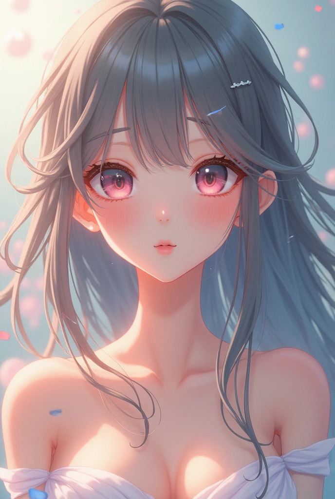 girl in anime style, topless, beautiful detailed eyes, beautiful detailed lips, extremely detailed face, long eyelashes, delicate facial features, pale skin, flowing hair, (best quality,4k,8k,highres,masterpiece:1.2),ultra-detailed,(realistic,photorealistic,photo-realistic:1.37),digital painting, intricate details, soft lighting, pastel colors, dreamlike, ethereal