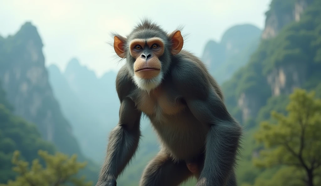Front view，There is a wild beast in the mountains of Guilin，Monkey with white ears，Walk upright like a human（best quality，4K，8k，High level，masterpiece：1.2），Ultra Detailed，（lifelike，Photo real，Photo real：1.37）