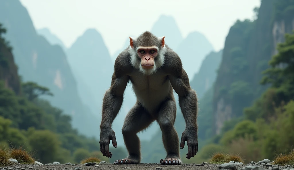Front view，There is a wild beast in the mountains of Guilin，Monkey with white ears，Walk upright like a human（best quality，4K，8k，High level，masterpiece：1.2），Ultra Detailed，（lifelike，Photo real，Photo real：1.37）