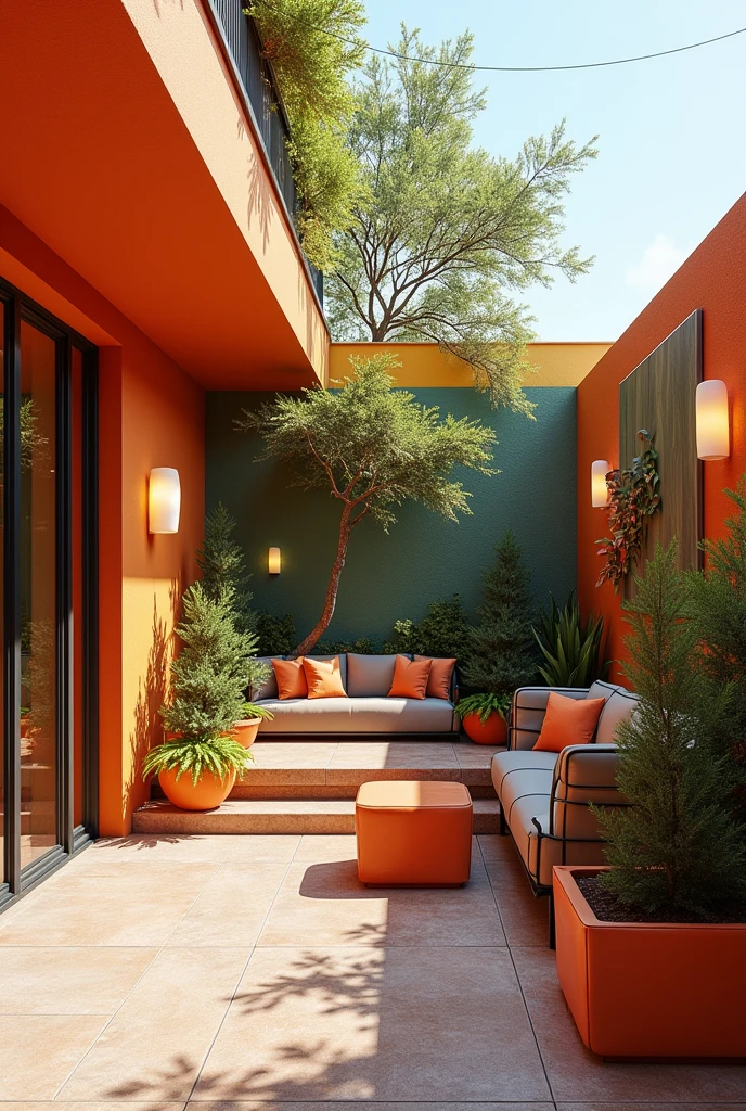 Transform this outdoor space into a vibrant and welcoming area without altering any structural elements. Focus on using a color palette that complements the existing materials while adding warmth and energy to the environment. Consider painting the walls with a combination of earthy tones and lively accent colors to create a balanced and inviting atmosphere. Integrate decor elements that enhance the functionality of the space, such as outdoor seating, planters, and subtle lighting, to create a cozy and stylish setting that can serve multiple purposes