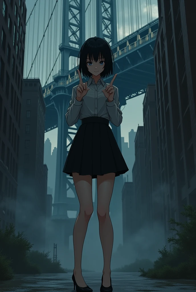 The image is anime style cowboy bebop and Darker than black with shadows and dim lights, anime style although somewhat adult and dark, It shows a woman with black hair and dark eyes., smiling in a sinister and psychopathic way, who wears a formal shirt and skirt and makes a photo sign with his fingers. He looks psychopathic, is stopped, You can see the black high heels she wears. Behind her, You see a huge city with a huge bridge that goes to the sky. stop, You can see the black high heels she wears.