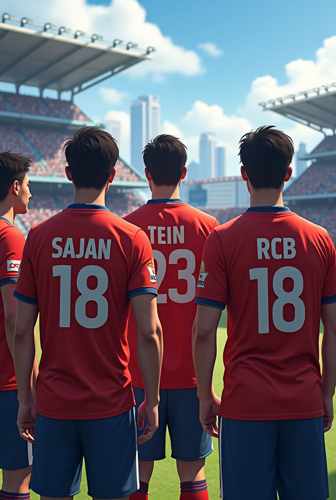 A team having Team members named Sajan 18 RCB written on his back side standing in the stadium
