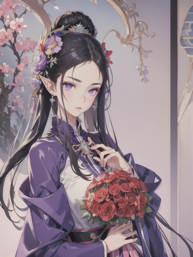 masterpiece, Highest quality, A girl holding a bouquet in both hands, 超detailed, Ultra-high resolution, Distinctive facial features, Anatomically correct, pretty girl, detailed, Long pointy ears, Fairy, Nice face,Black Hair, Purple eyes, Polish national costume, Big beautiful bouquet，Art Deco,