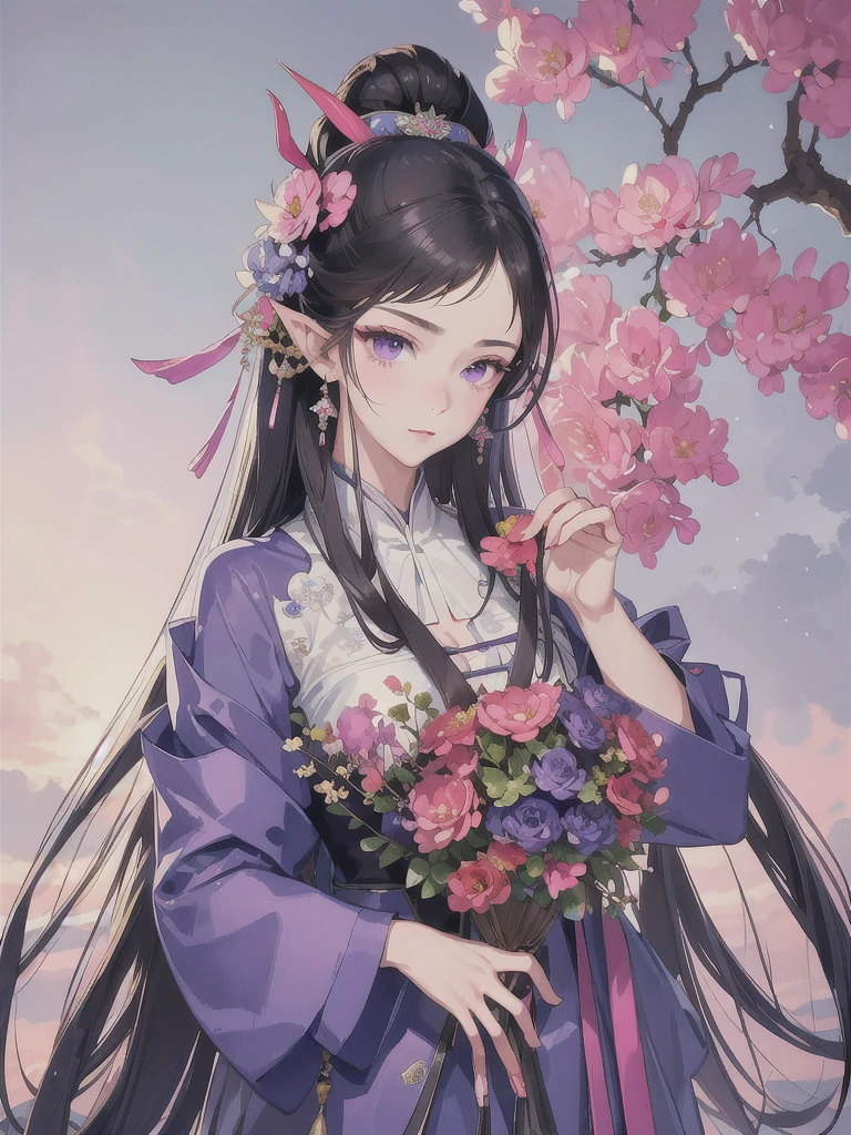 masterpiece, Highest quality, A girl holding a bouquet in both hands, 超detailed, Ultra-high resolution, Distinctive facial features, Anatomically correct, pretty girl, detailed, Long pointy ears, Fairy, Nice face,Black Hair, Purple eyes, Polish national costume, Big beautiful bouquet，Art Deco,