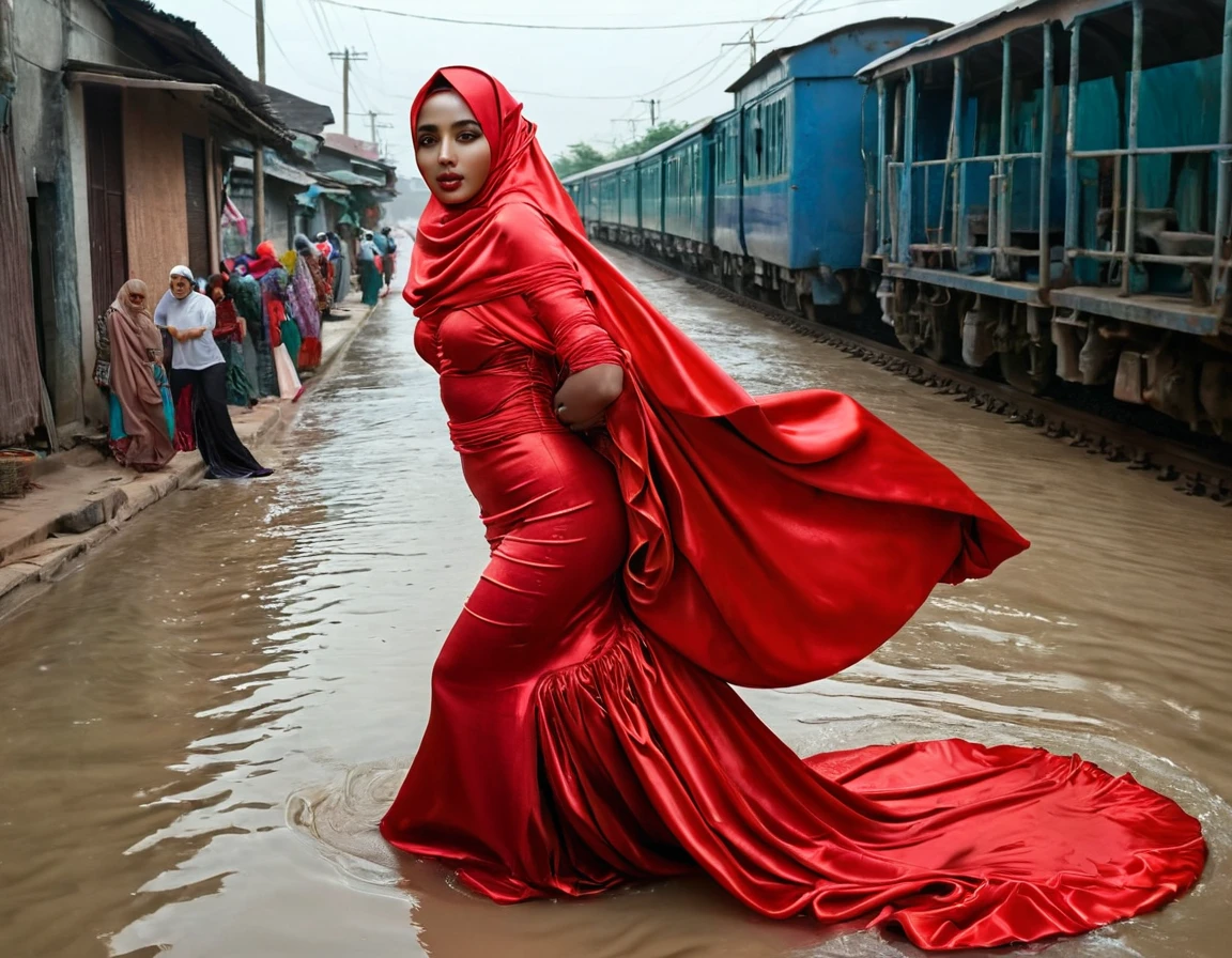 A woman shrouded in a 10-meter-long, plush red satin cloth, tightly bound and grandly draping along the form of her body, flowing off into a pooled floor-length train, styled in a mermaid-inspired outfit, her head modestly veiled in a satin hijab, tall woman, in wet village road, a full-body pose conveying a sense of elegance, captured in a 4k resolution, ultra-realistic