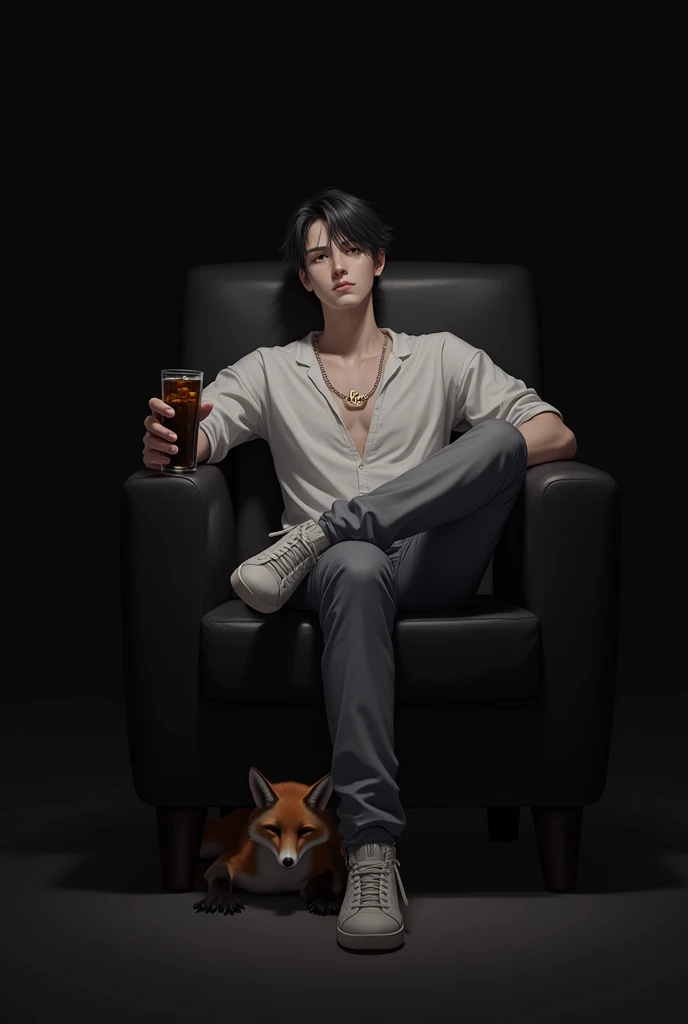 a calm lightskin looking guy with short black hair sitting in a black chair in the dark while one hand is holding a drink with his legs crossed with shoes on with a necklace saying ray and a fox is sitting under his chair realistically